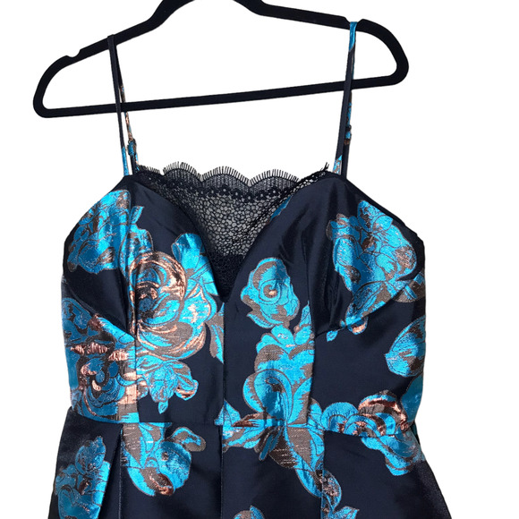 ASOS Salon Womens Metallic Flower Jacquard Midi Dress Blue Black Size 12 Prom - Picture 3 of 16